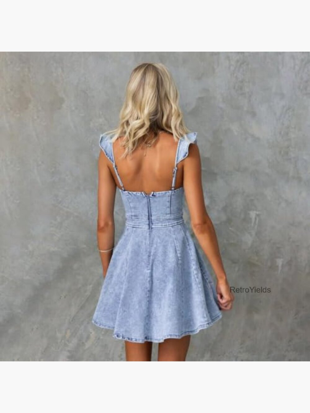 Ruffle Adjustable Strap Sleeveless Backless Babydoll Mini Jean Dress - Picture 6 of 7